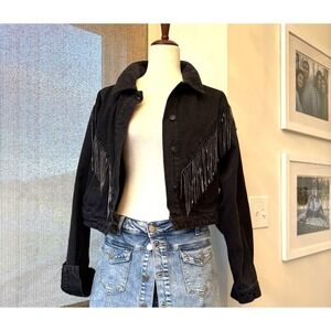 Blue b. Cropped Jean Jacket Women's Medium Black Denim Rhinestone Fringe Cowgirl